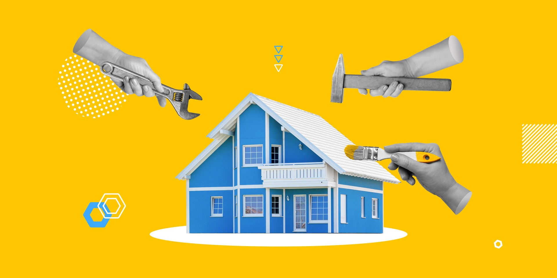 Renovation, construction, repair services. Hands with adjustable wrench, hammer and paintbrush around blue house on blue yellow background. Minimalist collage