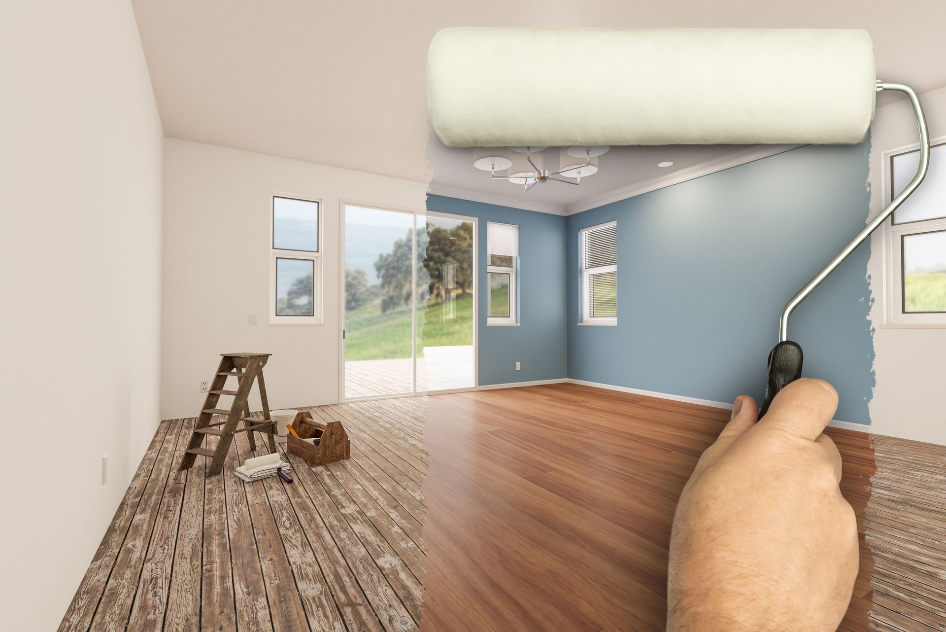 Before and After of Man Using A Paint Roller to Reveal Newly Remodeled Room with Fresh Green Paint, Coffered Ceiling and New Floors.