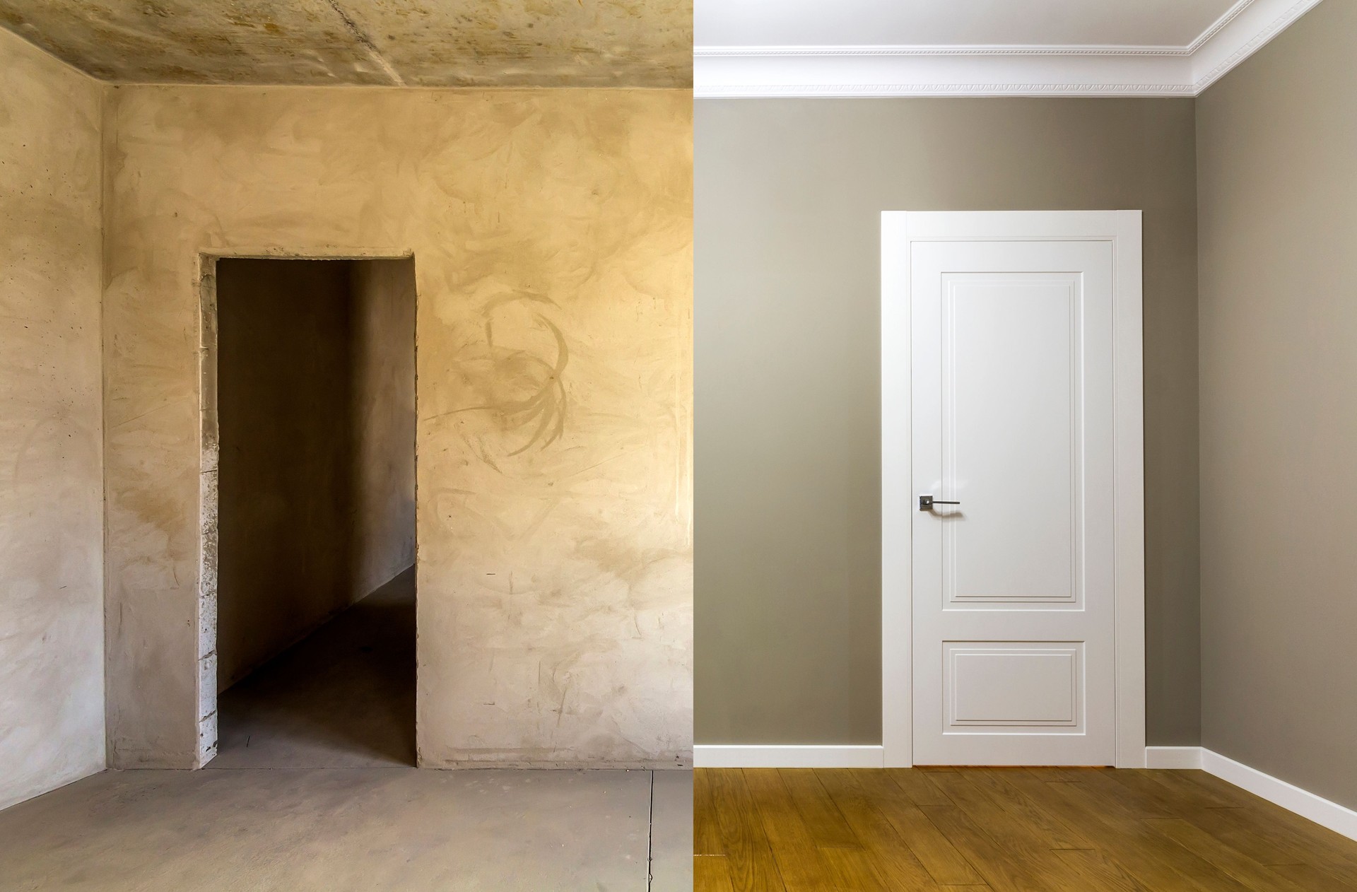 Comparison of a room in an apartment before and after renovation works. New house interior with plastered and painted walls, white doors and wooden oak floor. Real estate development concept.